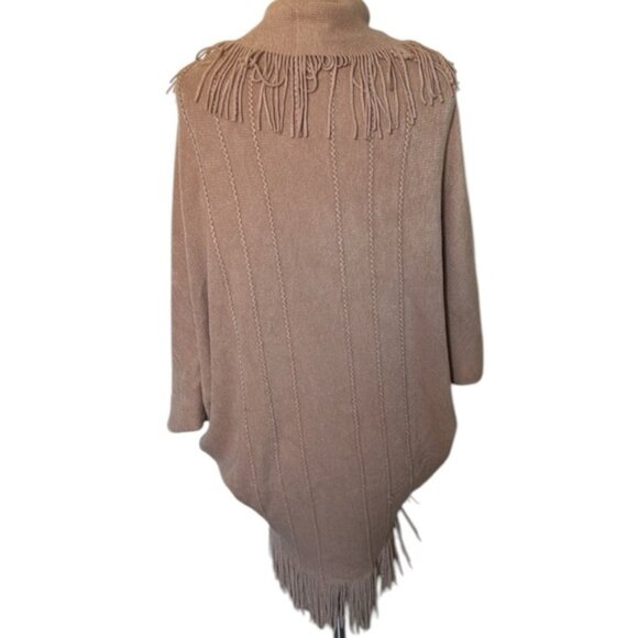 Layers by Lizden Womens Fringe Open-Front Poncho Taupe One Size cardigan - Picture 5 of 7
